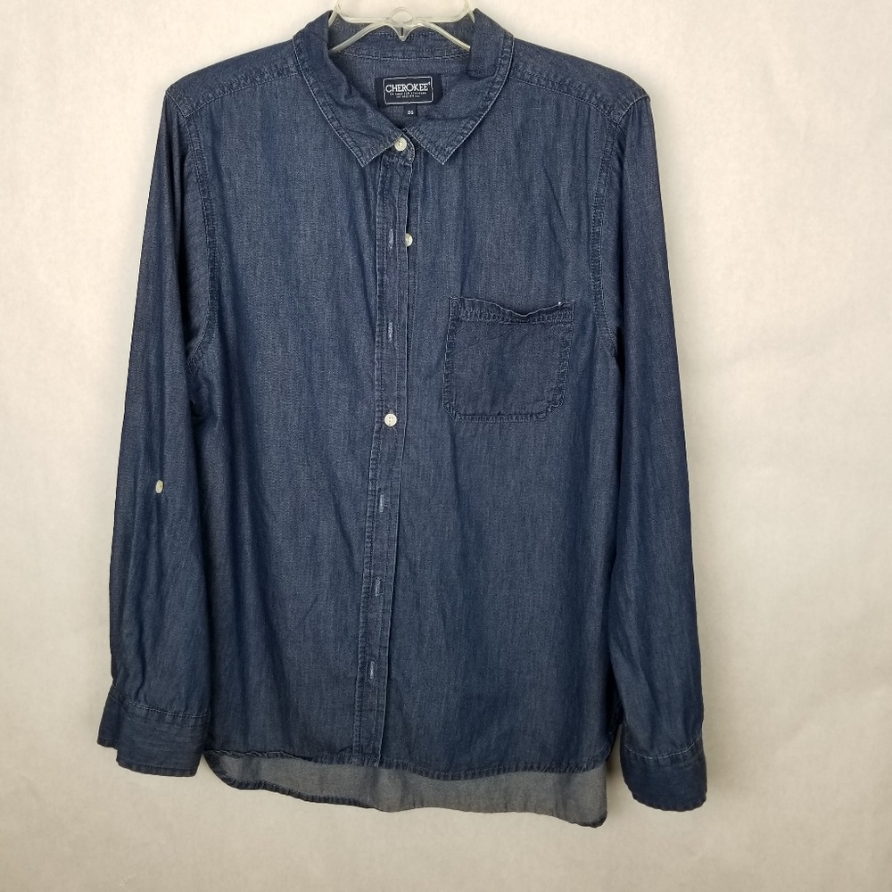 Cherokee Denim Button Down Tab Sleeve Shirt XL